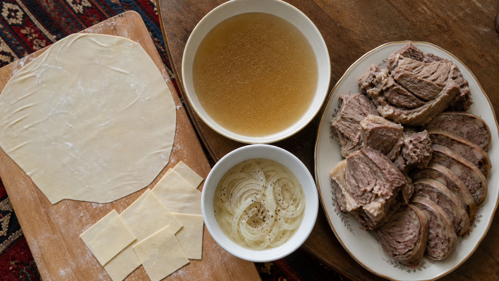 Thin unleavened dough, cut square noodles, clear broth, onions with black pepper, boiled lamb and sliced kazy ready for assembling Kazakh et