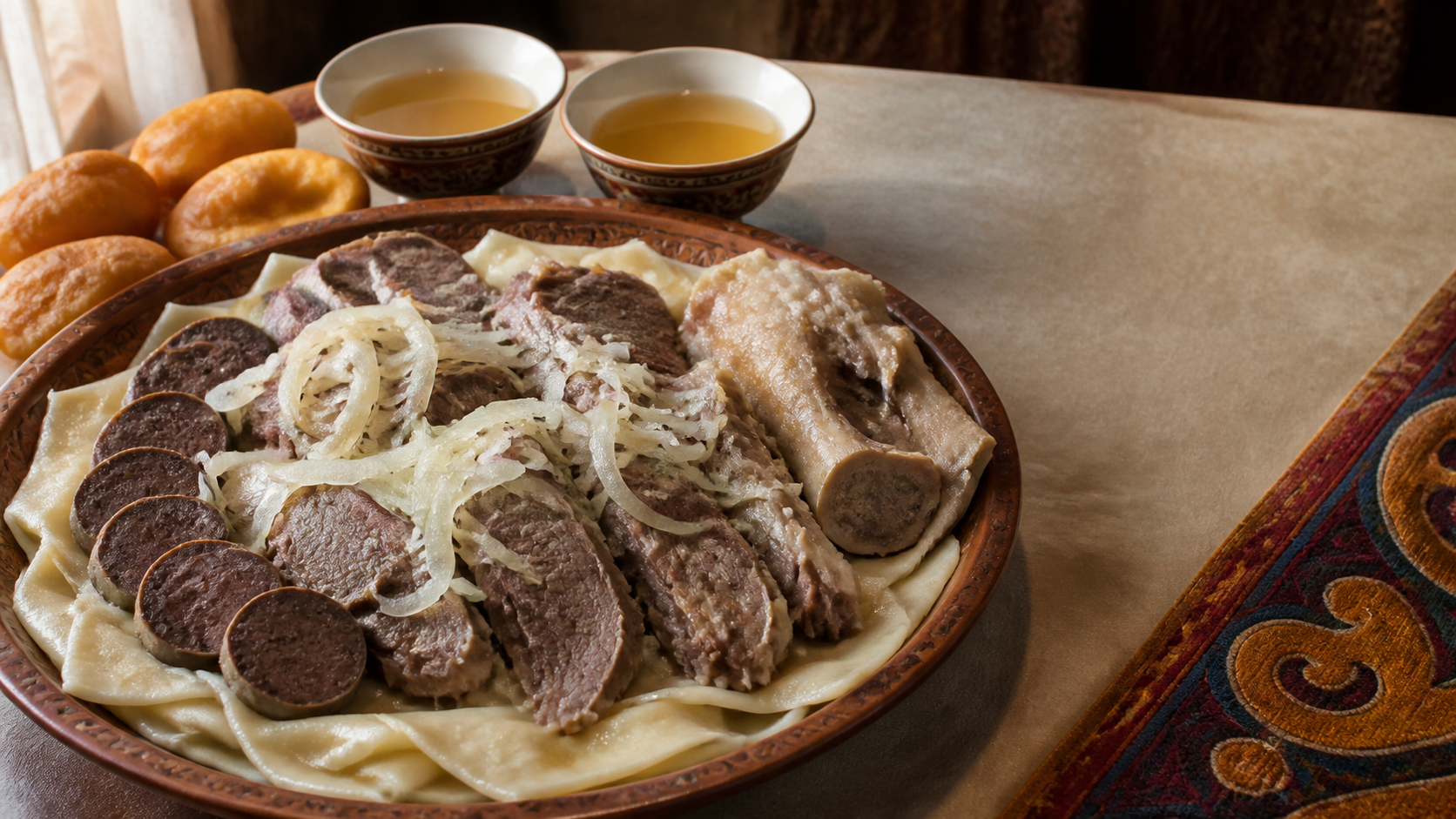 Kazakh et with broad dough sheets, boiled meat, sliced kazy and onion sauce, served with bowls of sorpa
