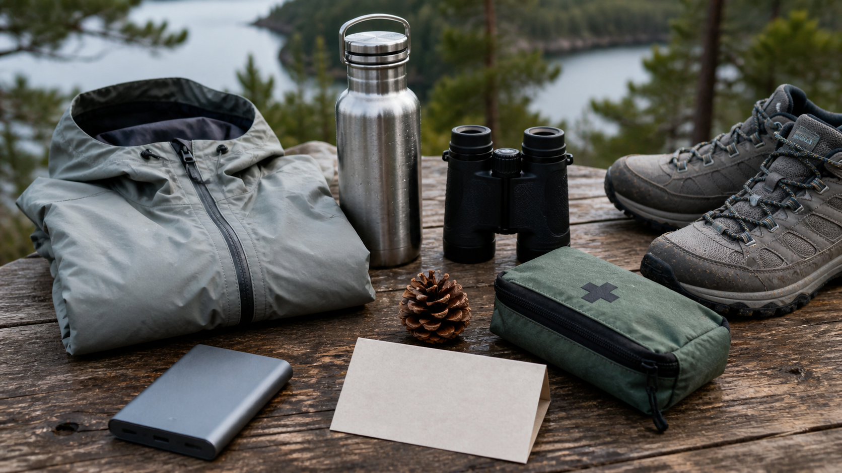 Conceptual Burabay day kit with rain shell, water bottle, binoculars, walking shoes, first-aid pouch and power bank