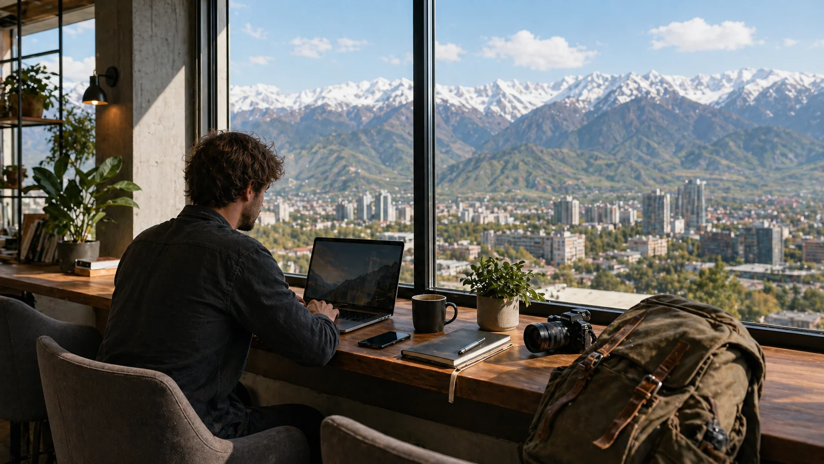 Remote worker using a laptop in an Almaty workspace with the Tian Shan mountains visible outside