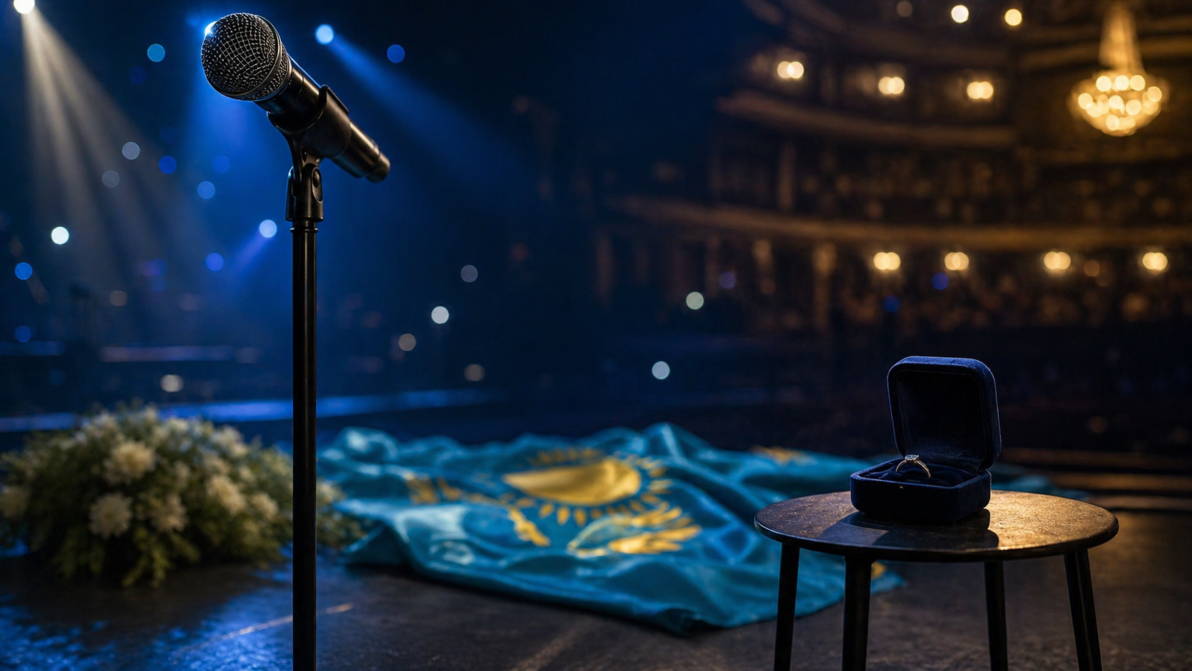 Concert microphone on stage with a subtle ring box representing relationship status
