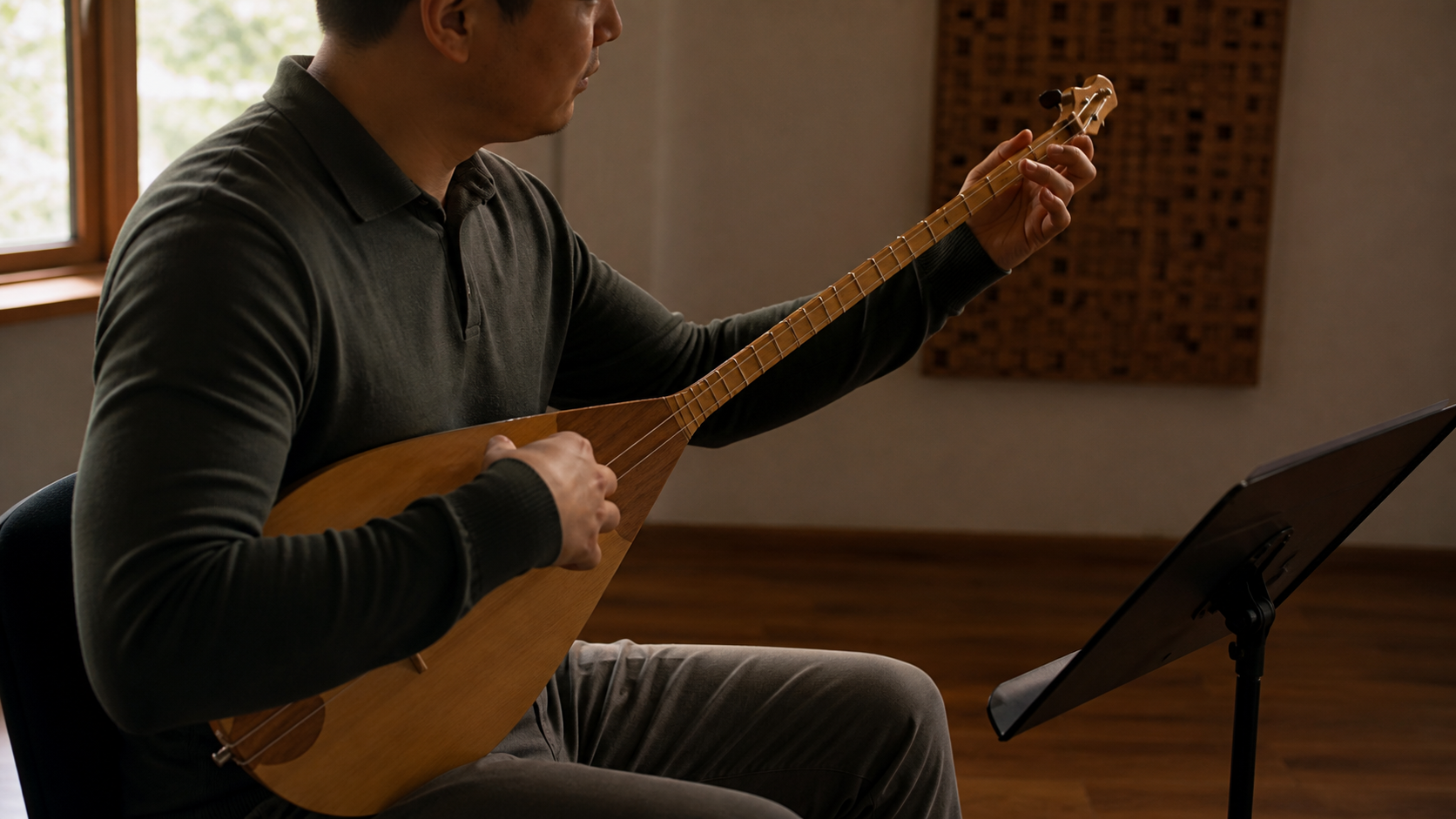 Contemporary musician playing a two-string Kazakh dombra in a rehearsal room