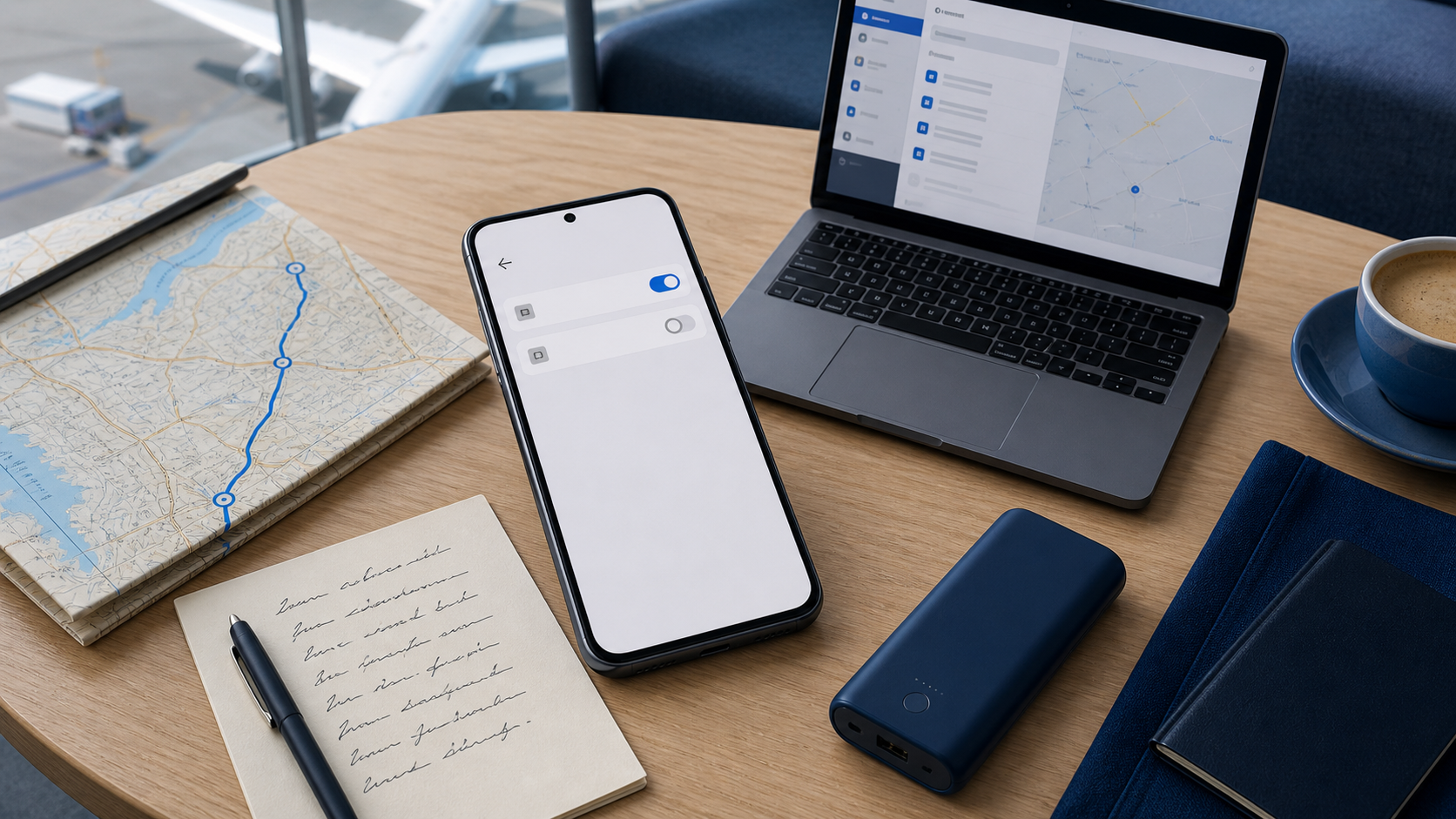 Editorial illustration of a phone with two generic mobile lines beside a laptop, offline map, address note and power bank