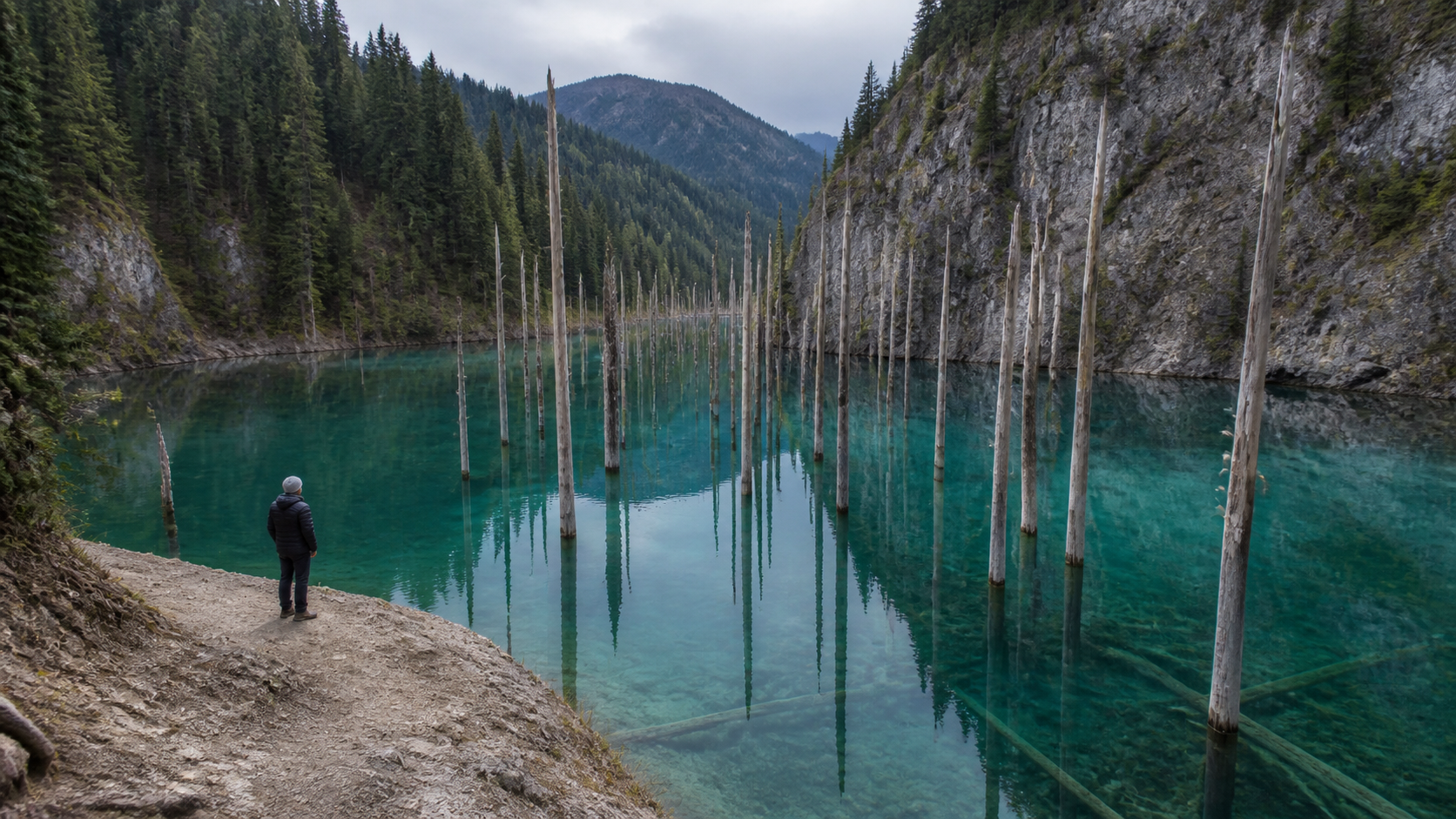 Editorial illustration of pale spruce trunks standing in Lake Kaindy