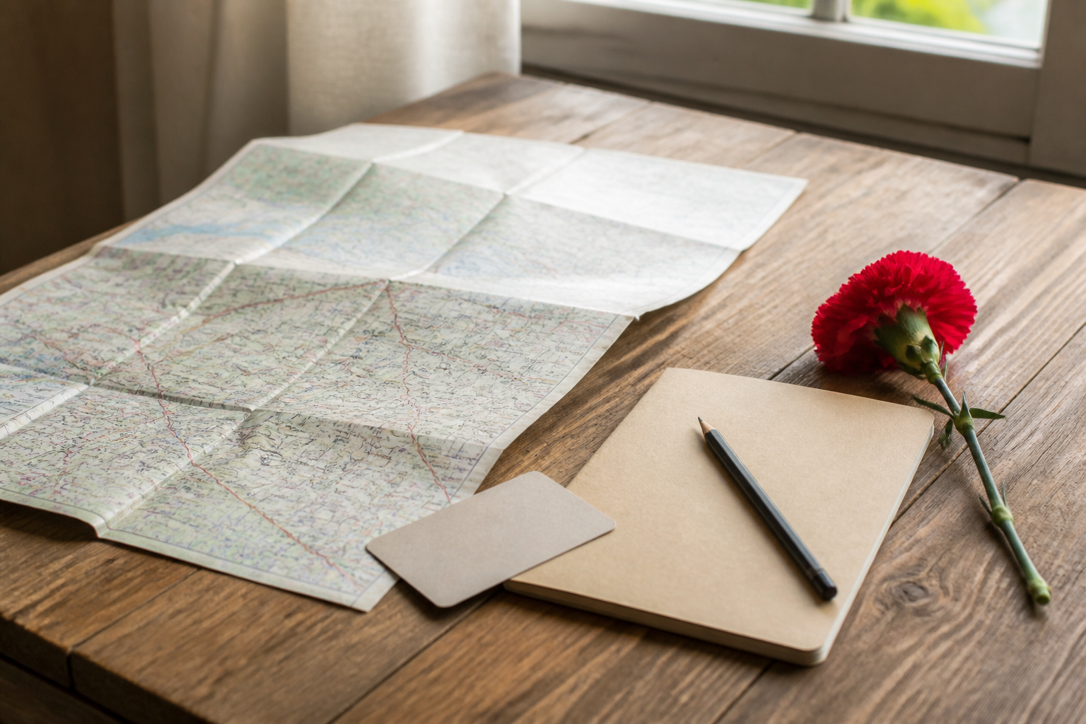 Conceptual Karaganda and Dolinka trip-planning still life with a folded map, notebook and red carnation