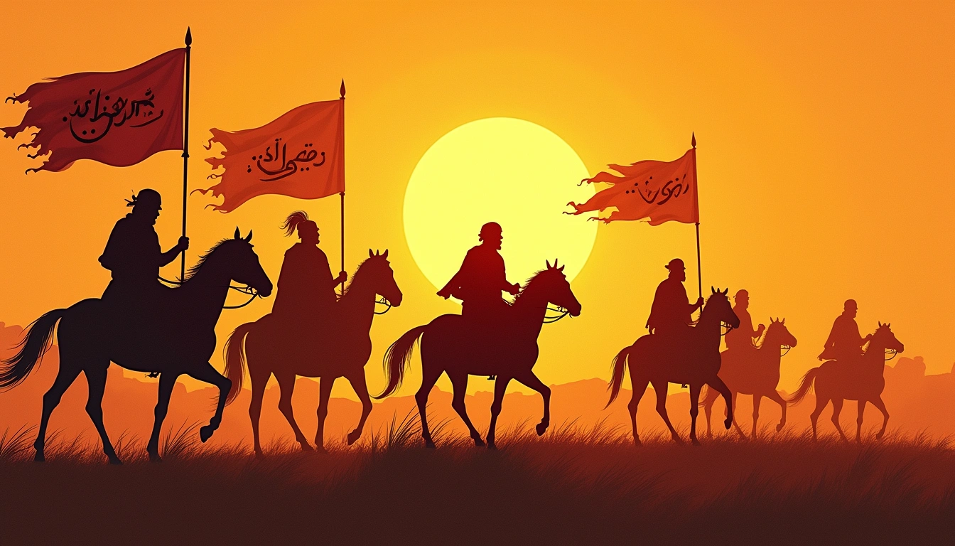 Illustration depicting Kazakh khanate warriors on horseback across the Central Asian steppe with traditional banners