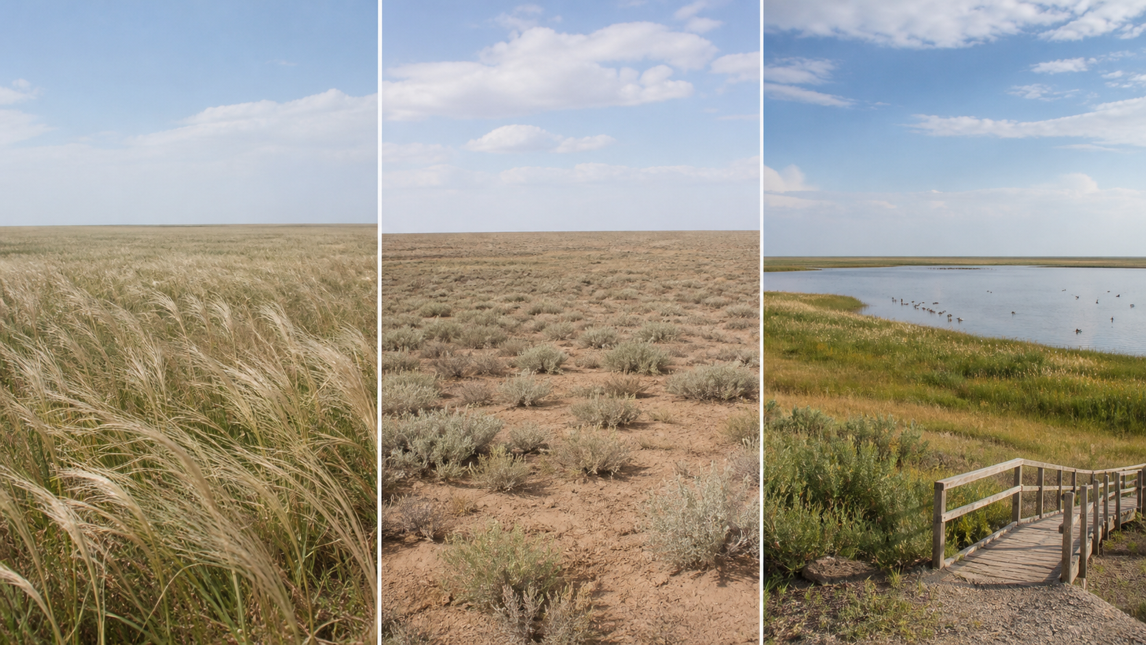 Conceptual triptych showing grass-rich steppe, sparse semi-desert shrubs, and managed access beside a steppe lake