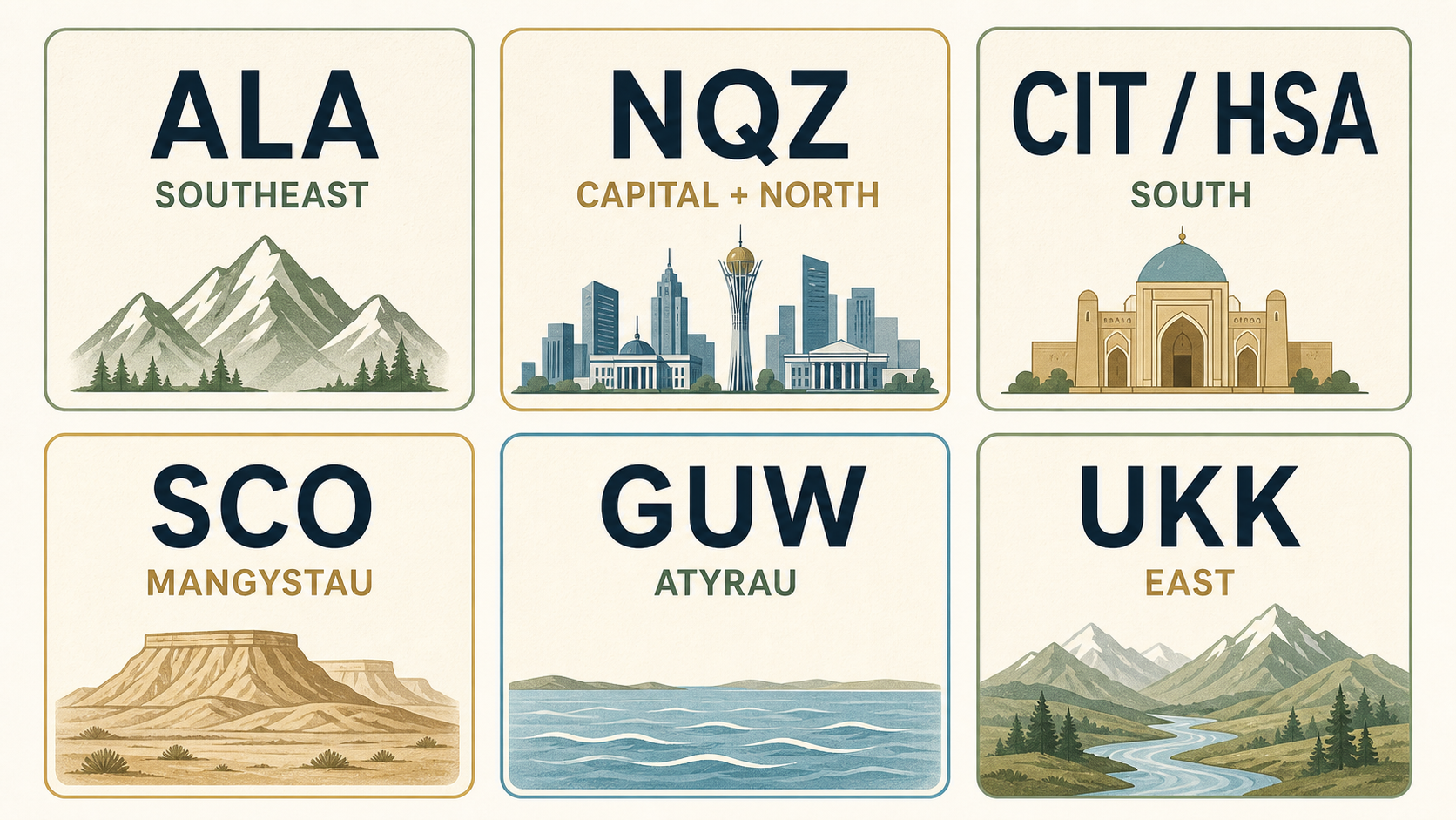 Editorial airport gateway chooser showing ALA for the southeast, NQZ for the capital and north, CIT or HSA for the south, SCO for Mangystau, GUW for Atyrau and UKK for the east