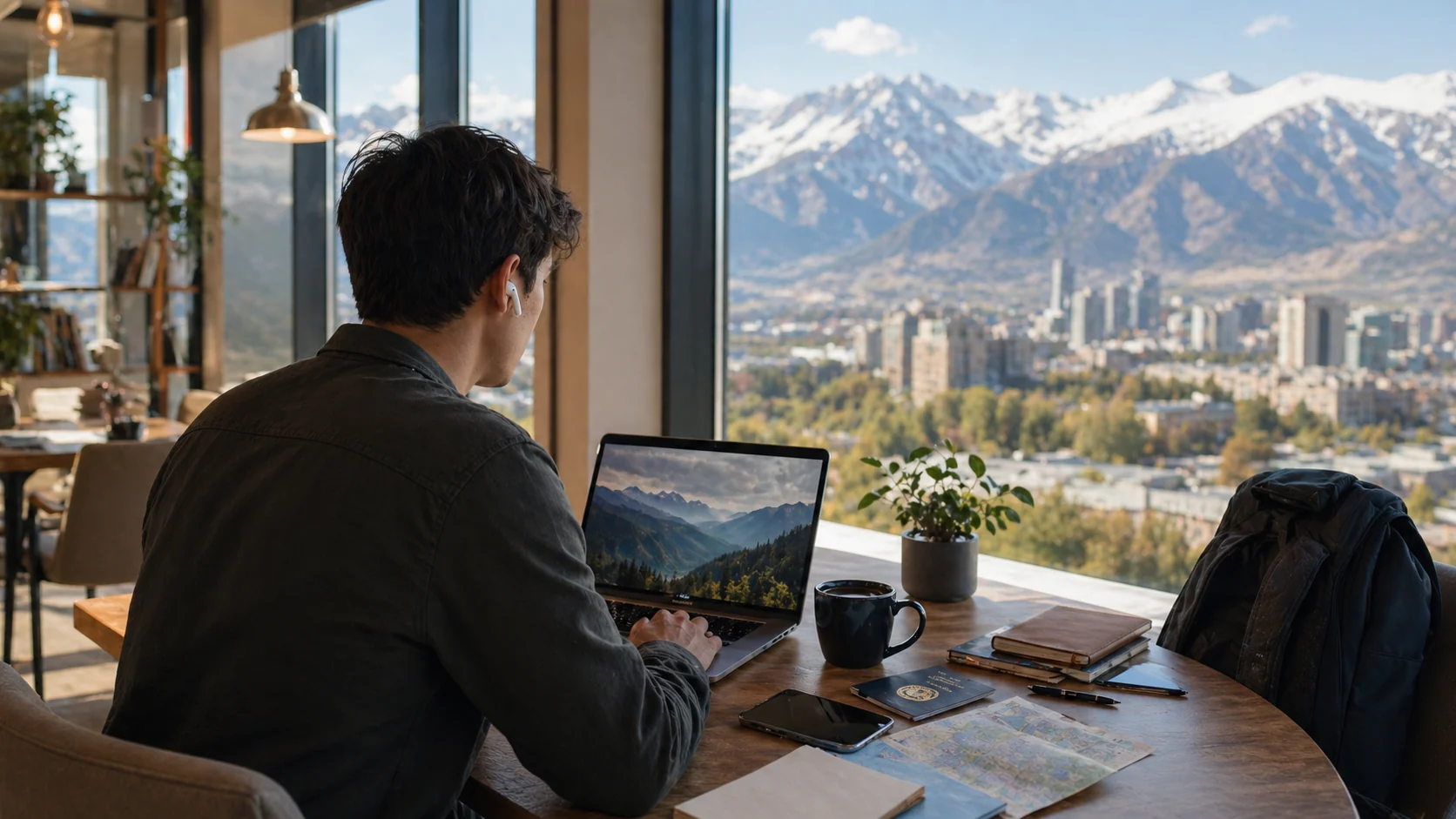 Remote worker using a laptop in Almaty with the Tian Shan mountains visible through the window