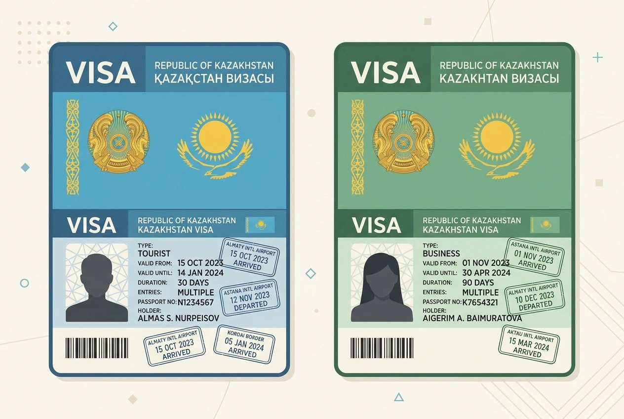 Kazakhstan passport stamp and digital nomad visa application on a laptop screen