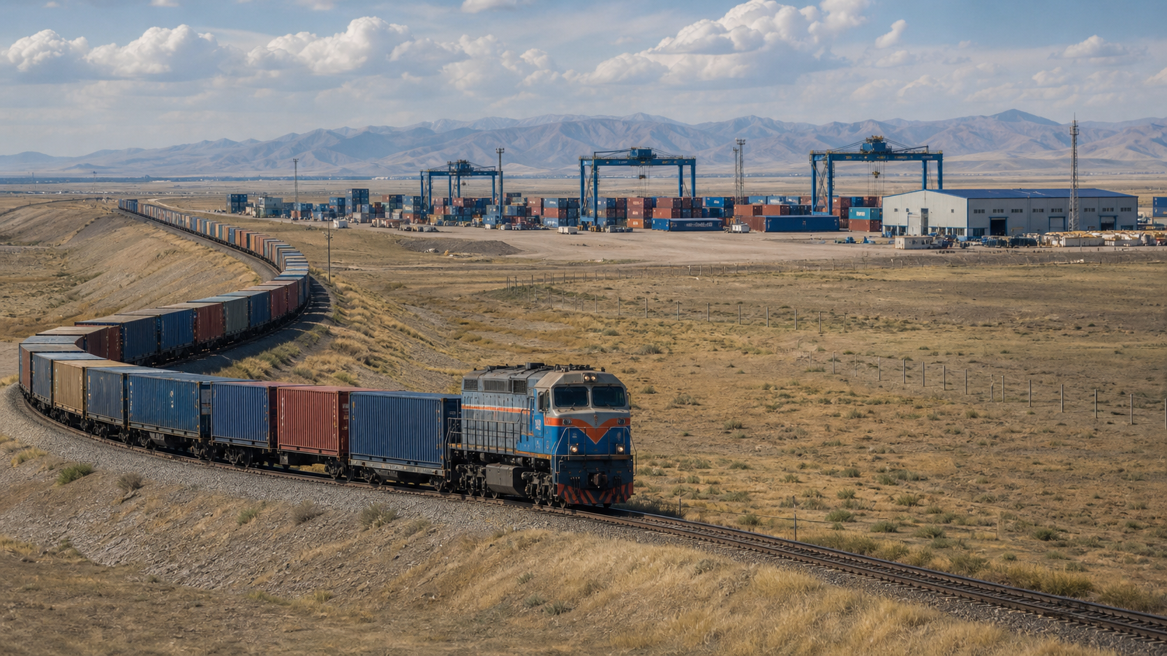 Editorial illustration of a container train approaching an inland logistics terminal in the Kazakhstan steppe