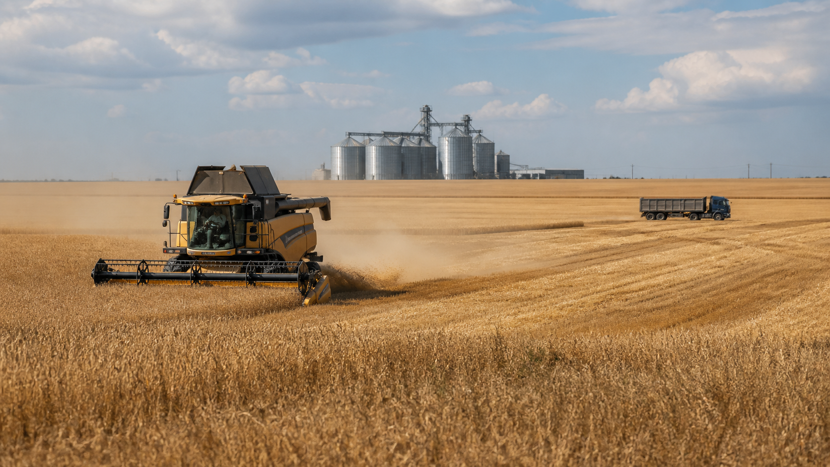 Editorial illustration of a modern grain harvest with a combine, truck and silos on the northern Kazakhstan steppe