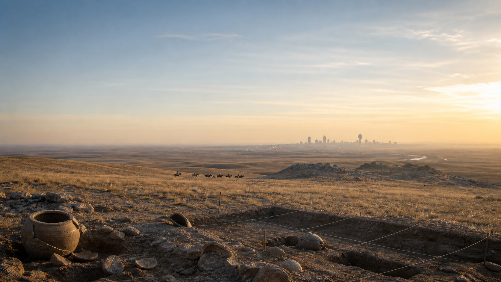 Conceptual view of an archaeological excavation, riders crossing the steppe, and the Astana skyline