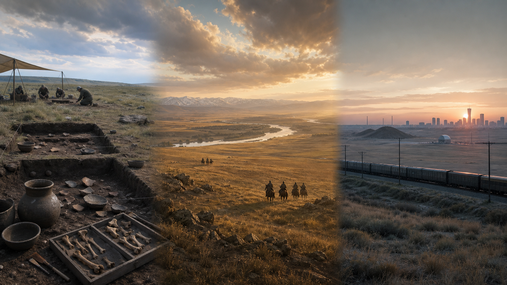 Conceptual triptych of archaeology, riders in a river valley, and a railway leading toward a modern city