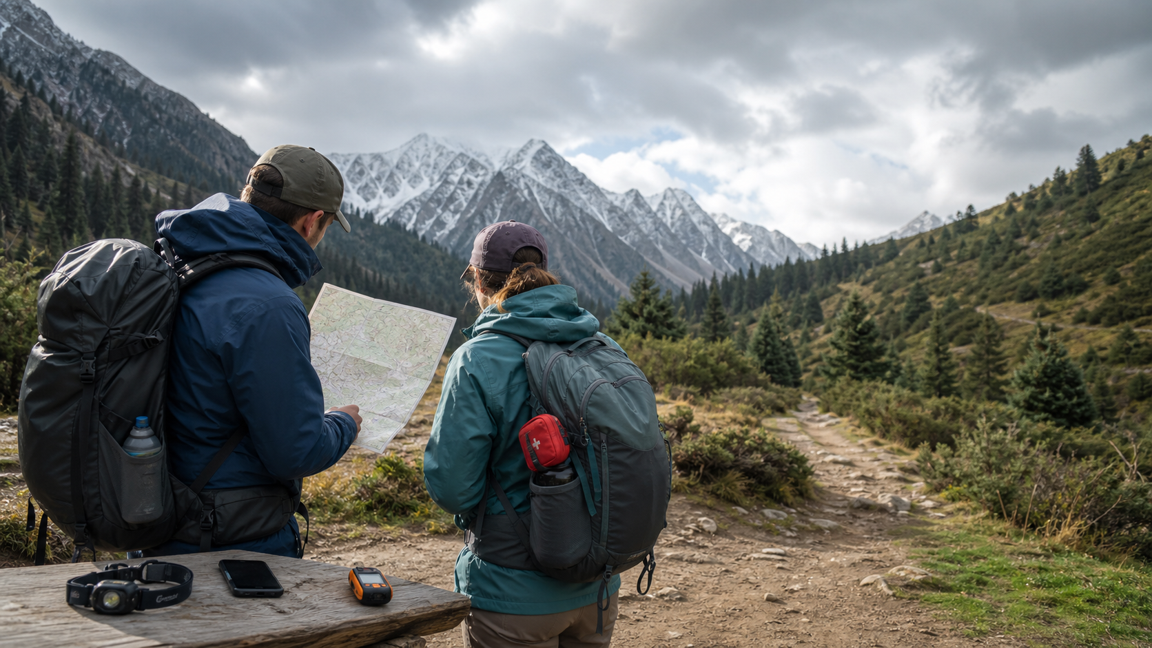 Two hikers checking route information and safety equipment before entering a mountain trail