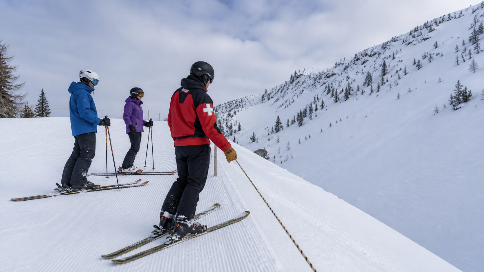 Conceptual ski patrol scene showing a rope boundary between a groomed piste and untouched snow