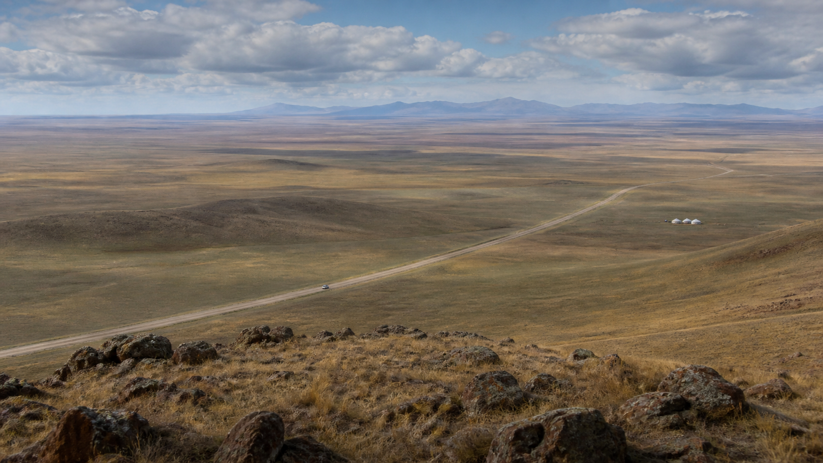 Editorial illustration of a road and small yurt camp crossing a vast Kazakhstan steppe