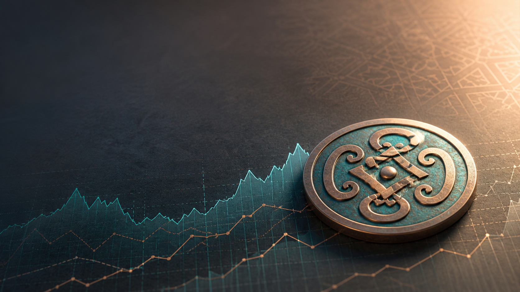 Conceptual copper and teal medallion beside abstract exchange-rate chart lines