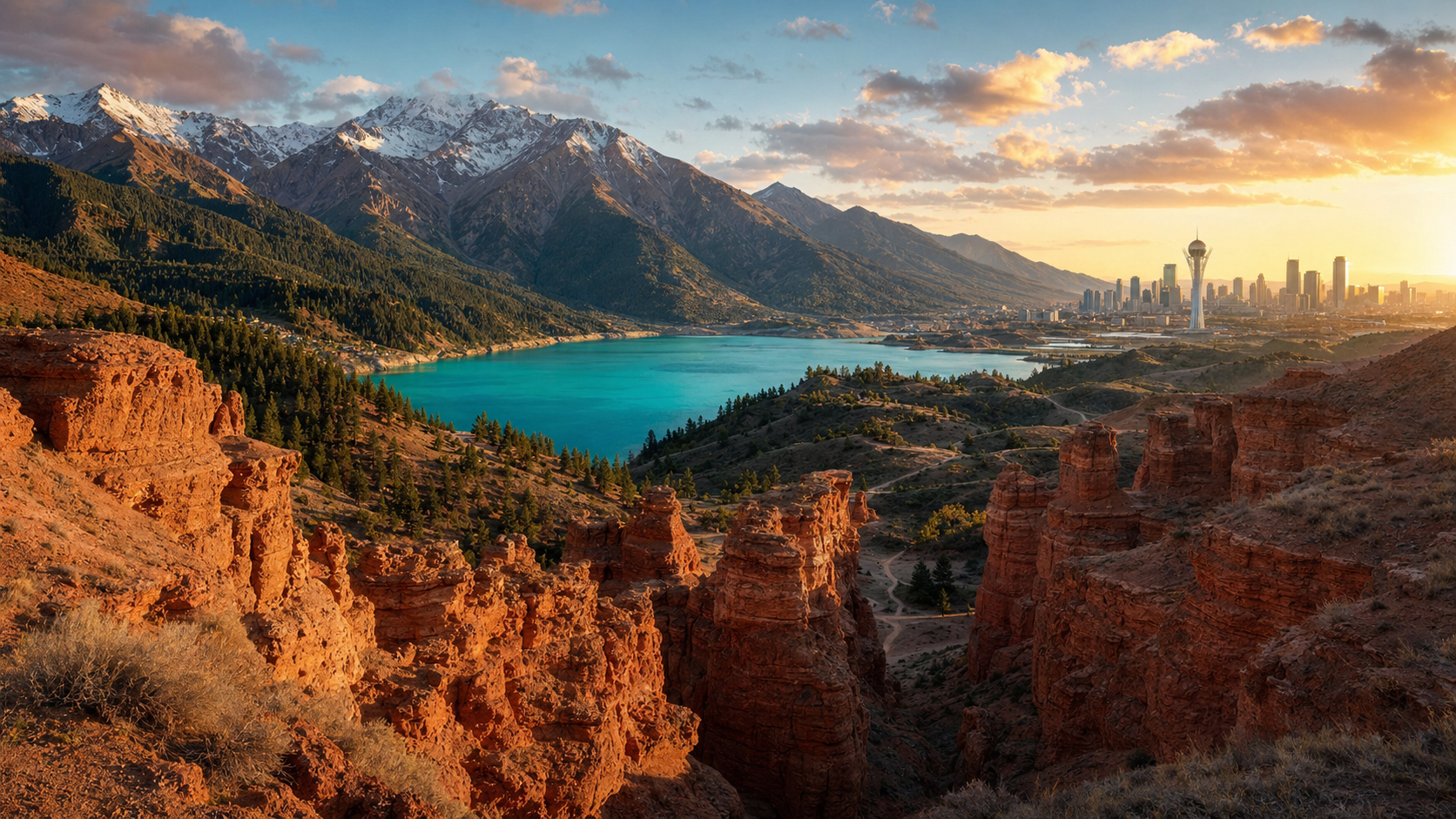 Kazakhstan tourist attractions with Charyn Canyon, turquoise alpine lake, Tian Shan mountains, and Astana skyline