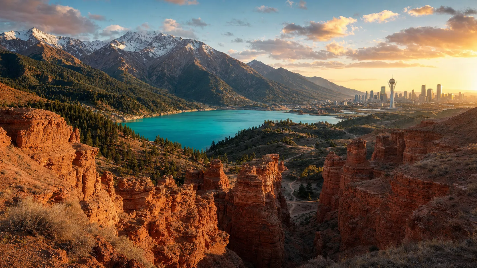 Kazakhstan tourist attractions with Charyn Canyon, turquoise alpine lake, Tian Shan mountains, and Astana skyline