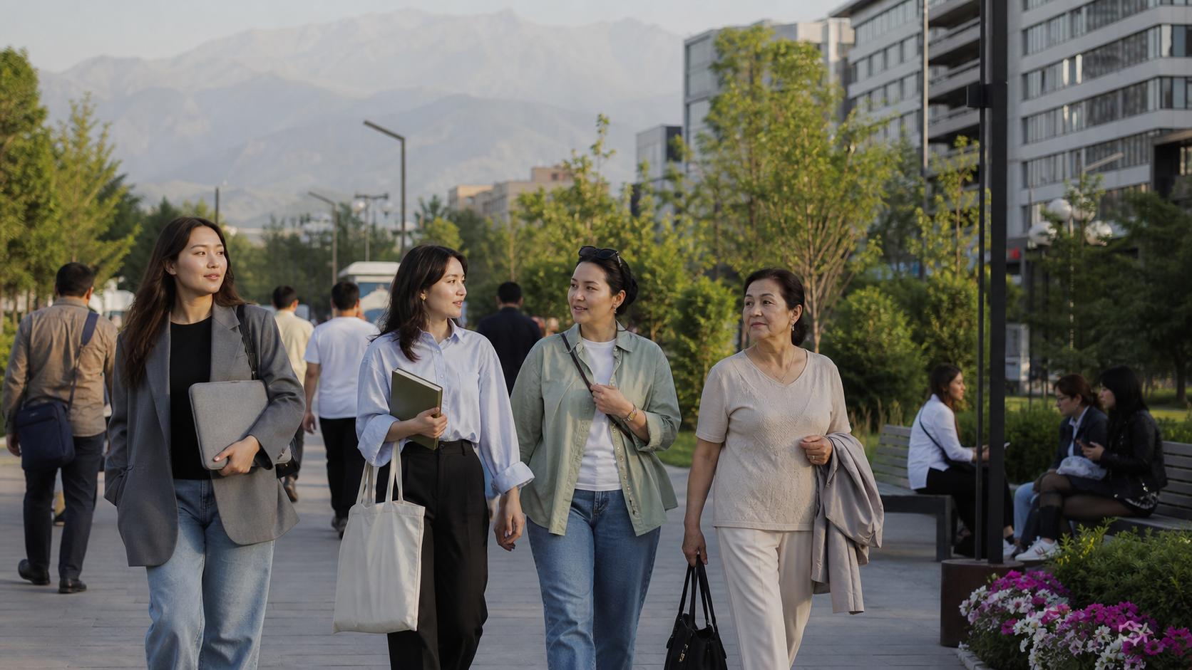 Women of different ages walking through a contemporary Almaty public space after work or study