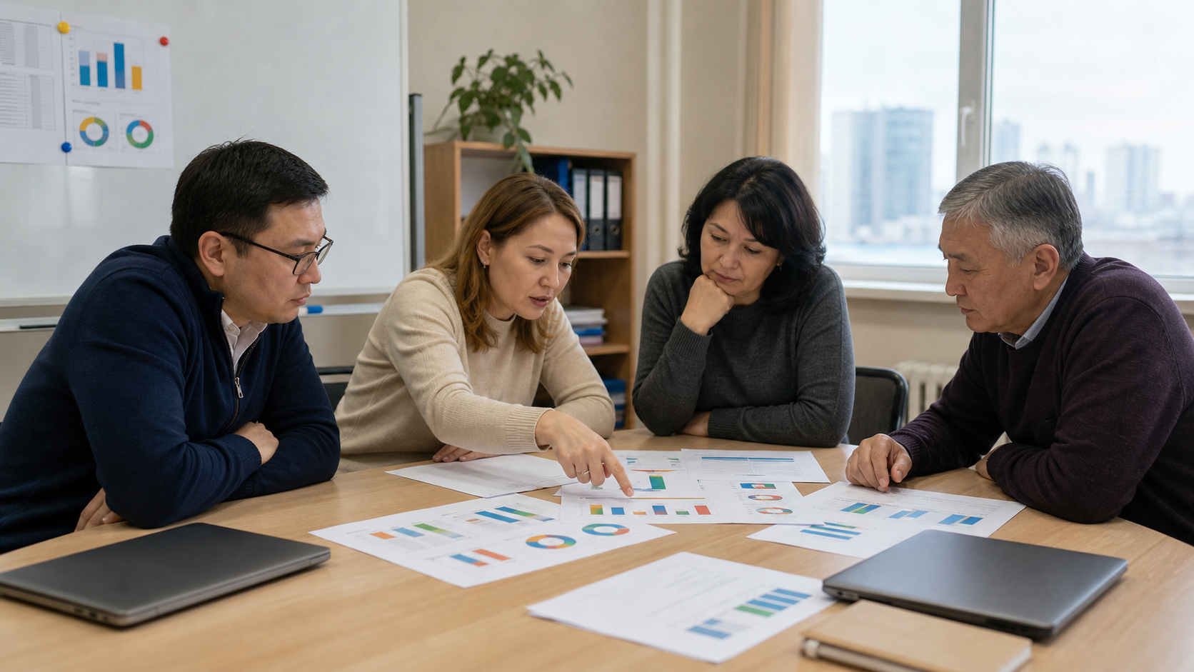 A conceptual meeting where women and men review unlabeled aggregate charts together