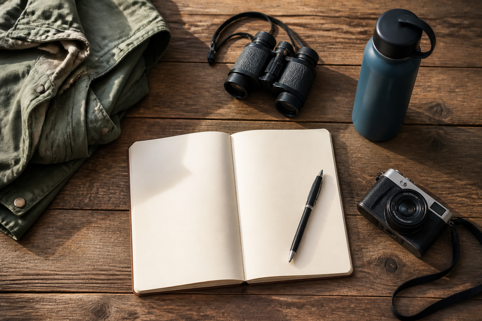 Conceptual Kostanay trip-planning still life with a blank notebook, binoculars, jacket, water bottle and camera