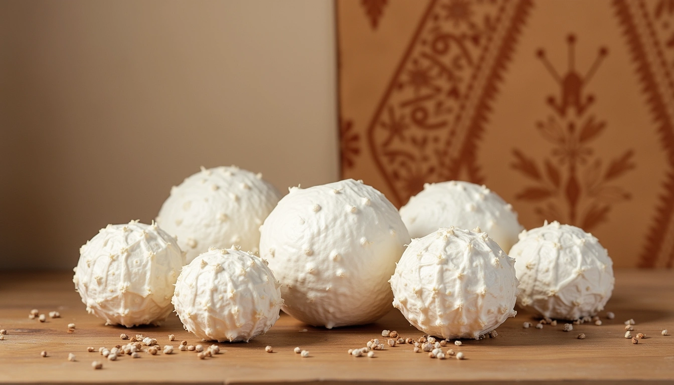 Traditional Kazakh kurt dried yogurt balls arranged on a wooden plate with colorful textiles in the background