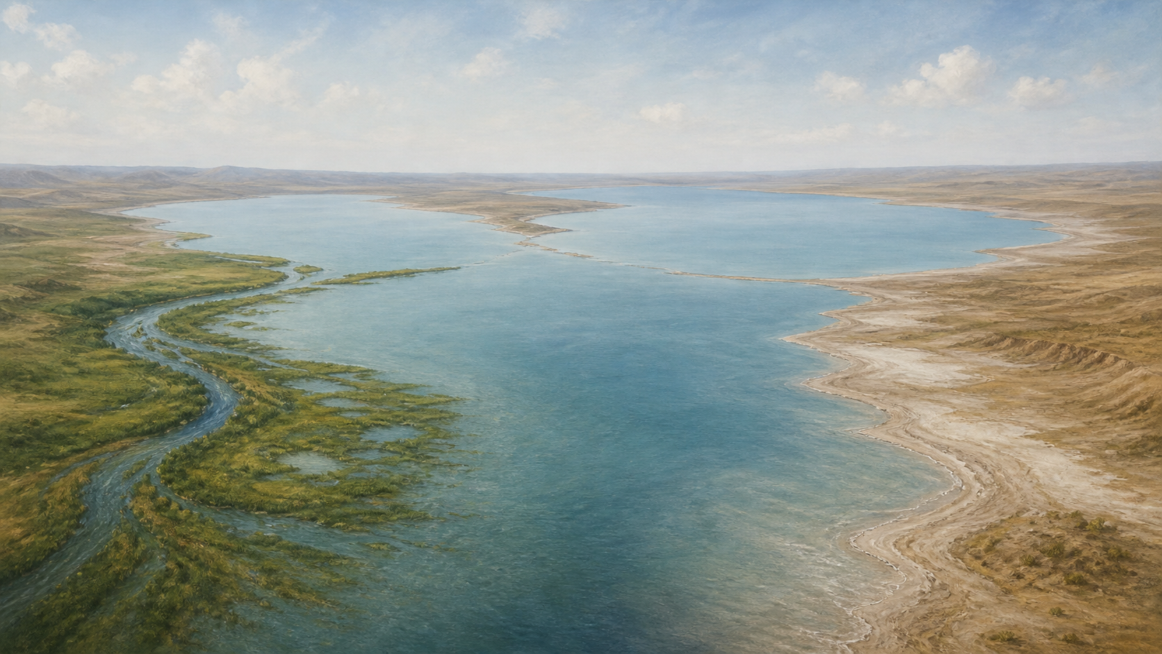 Symbolic editorial view of an Ili-fed wetland basin connected to a drier, more mineralized basin of one inland lake
