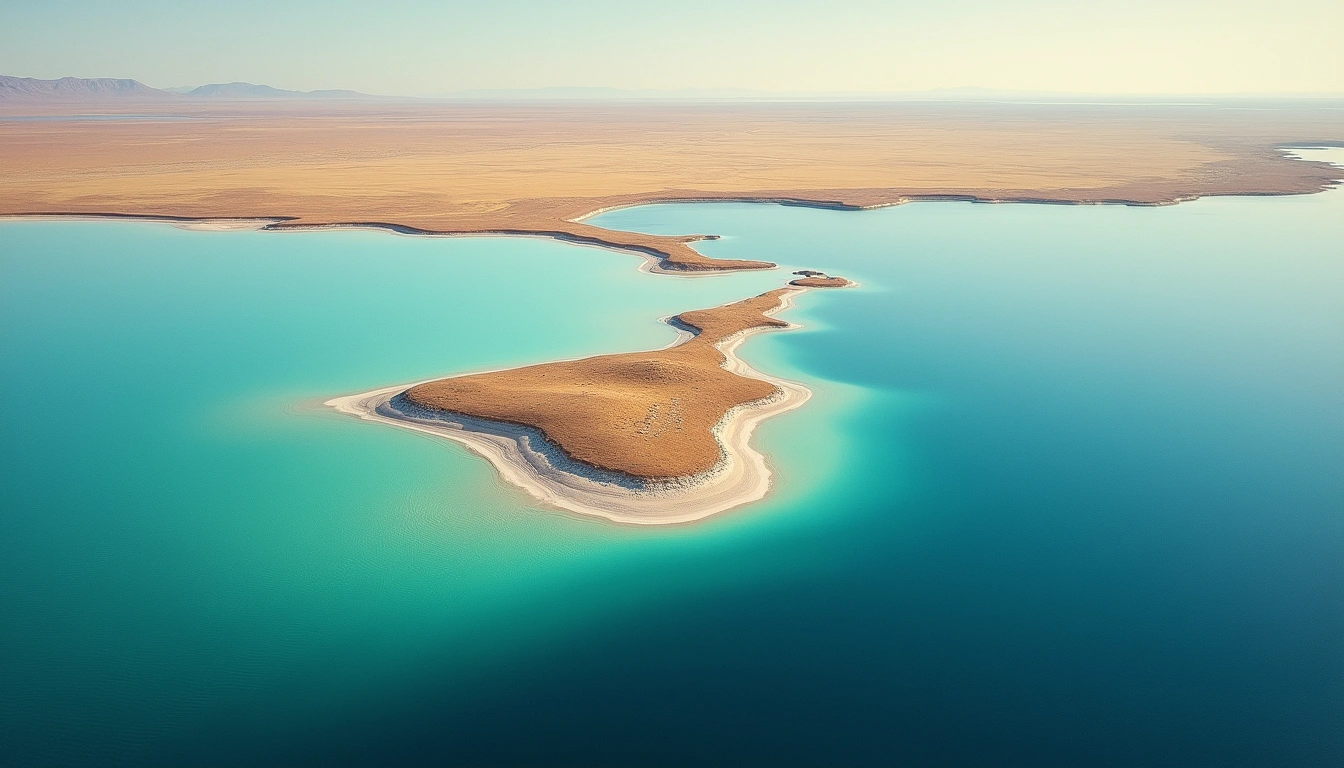 Panoramic view of Lake Balkhash with its distinctive blue-green water stretching to the horizon across the Kazakh steppe