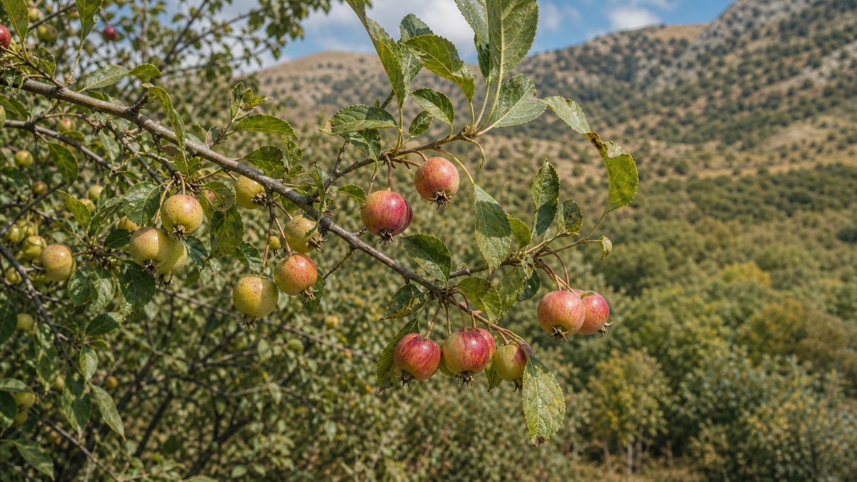 Editorial botanical illustration of varied wild Malus sieversii apples in Kazakhstan foothills