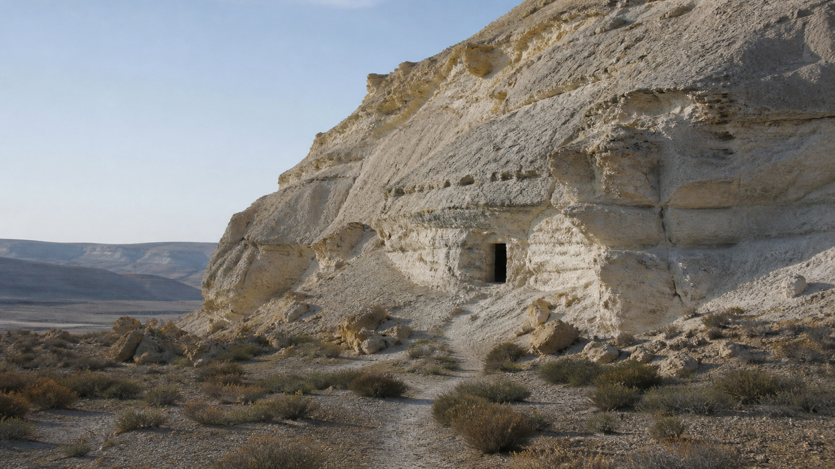 Generic editorial illustration of a simple rock-cut entrance in a Mangystau sacred landscape
