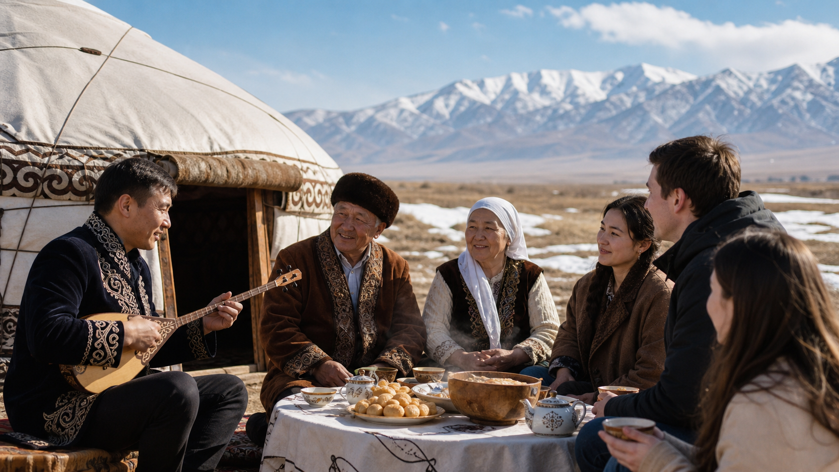 Editorial illustration of a Nauryz gathering in Kazakhstan beside a yurt with a dombra player and shared festive table