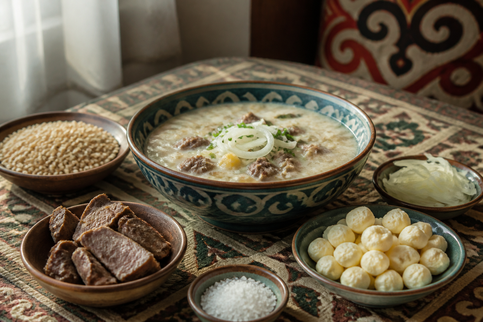 Editorial food illustration of a bowl of Nauryz kozhe with several possible ingredients arranged separately