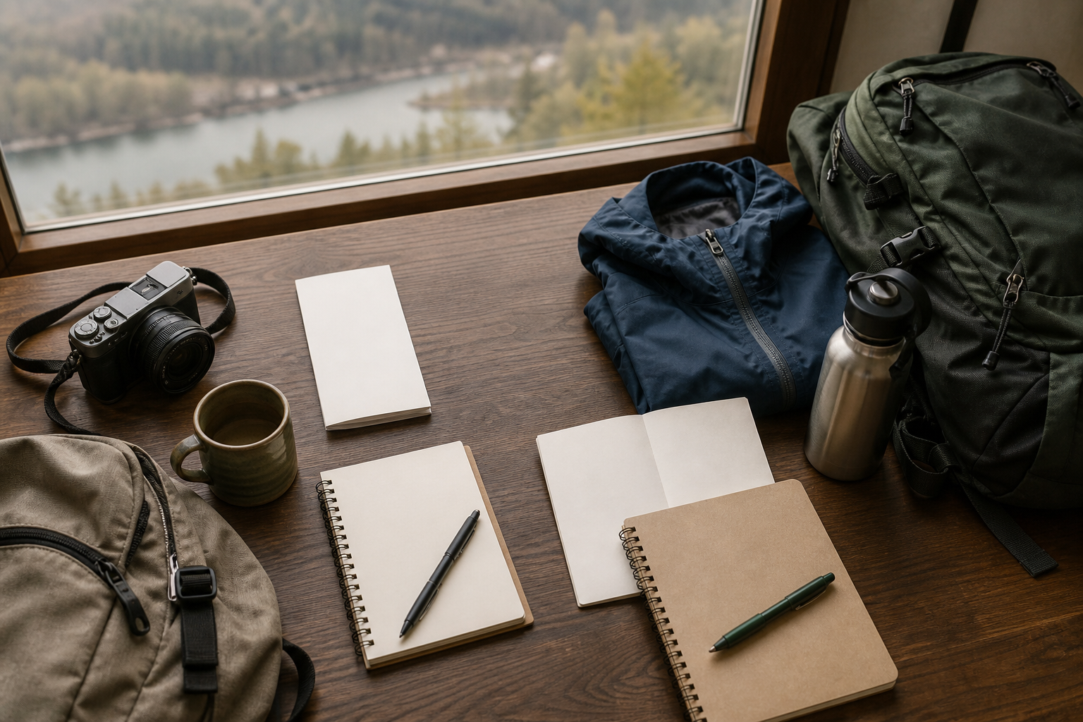 Conceptual Oskemen trip-planning still life with blank notebooks, a camera, rain shell, water bottle and daypacks beside a river view