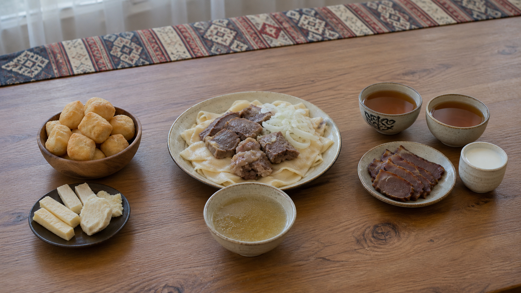 A visual concept showing baursak and dairy, a shared meat-and-noodle platter with broth, and tea with sliced preserved meat