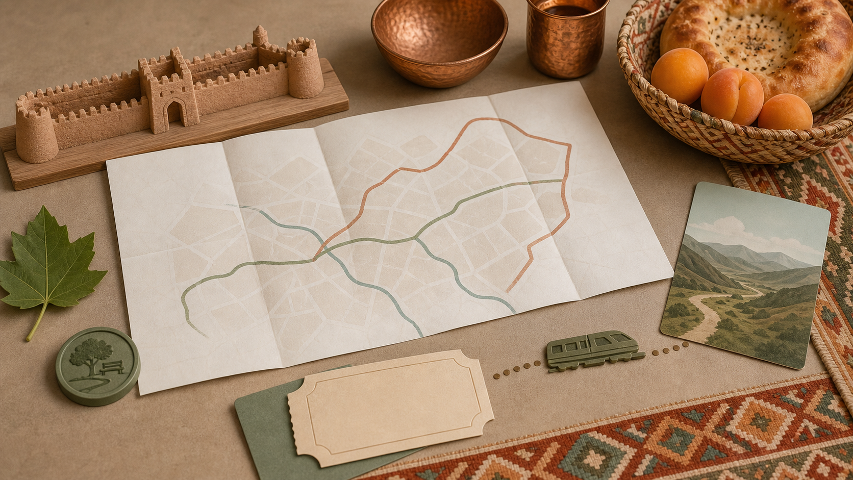 Conceptual trip-planning desk with an unlabeled route sheet, clay wall model, bread basket, park token, and small train