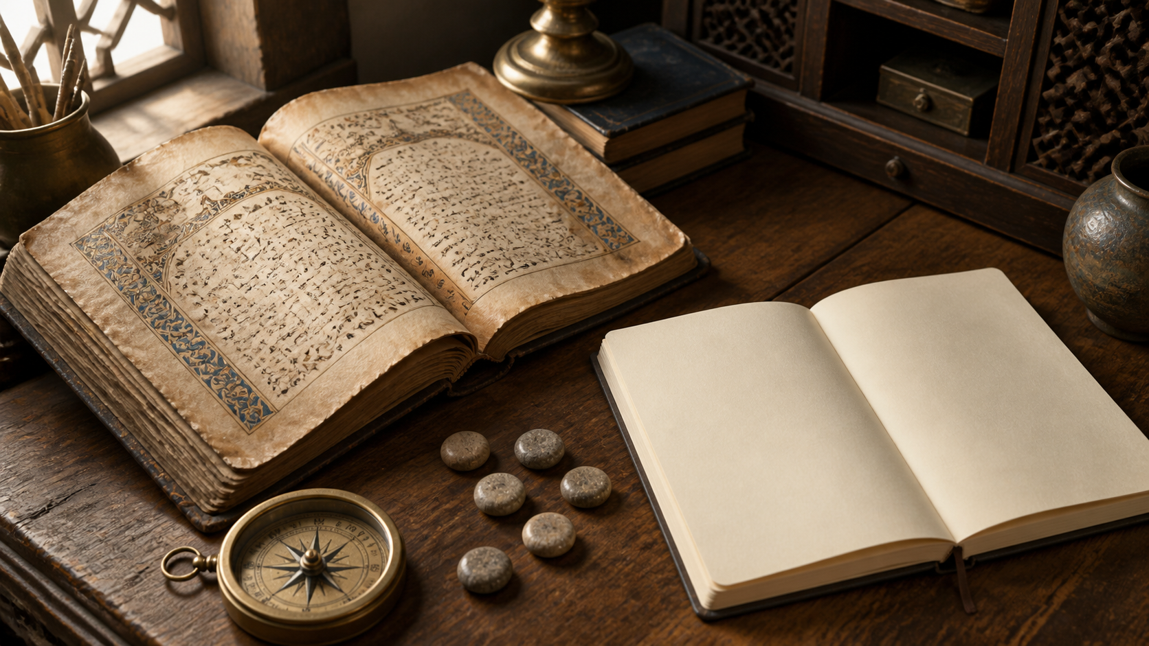 Conceptual desk with an old manuscript, blank notebook, compass, and seven stone counters