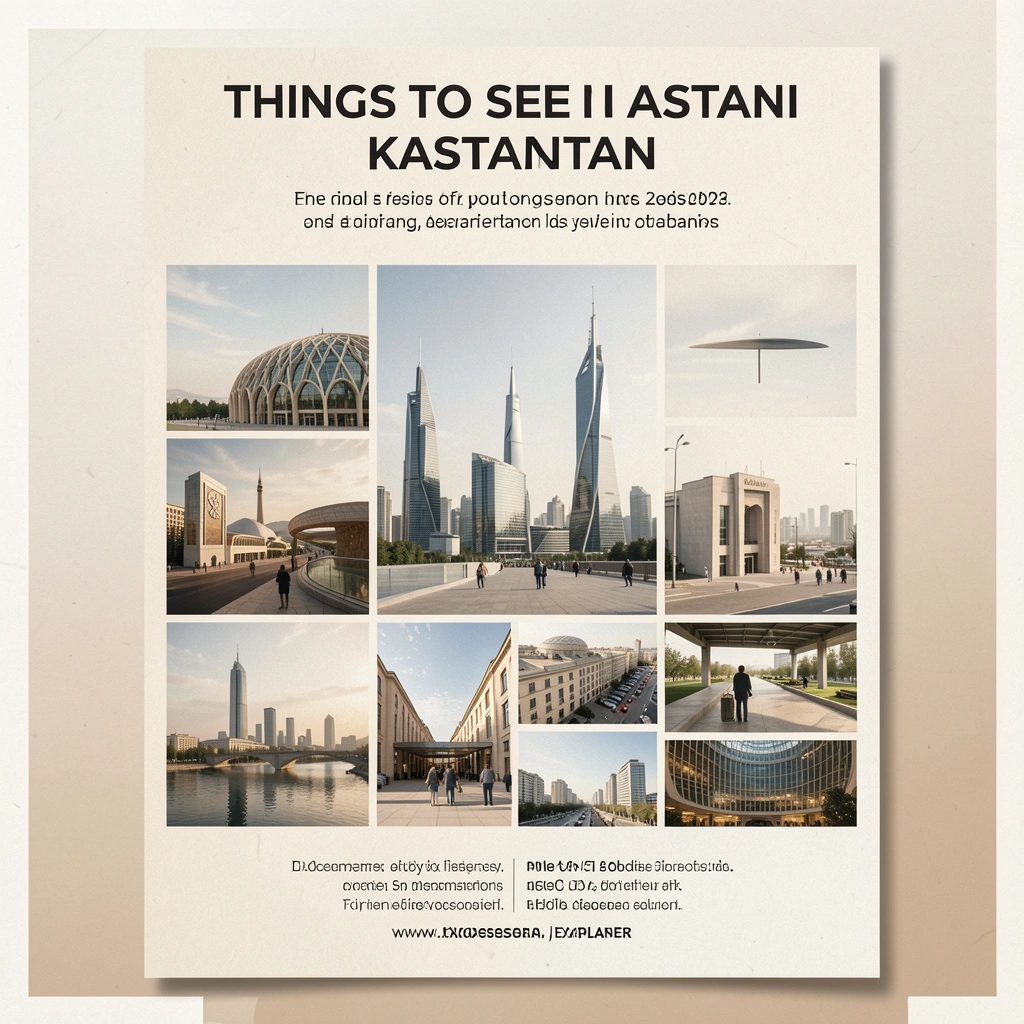 Bayterek Tower and modern skyline of Astana Kazakhstan at sunset