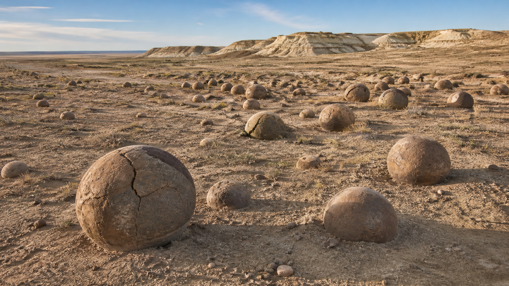 Editorial illustration of round stone concretions across the arid Torysh landscape in Mangystau