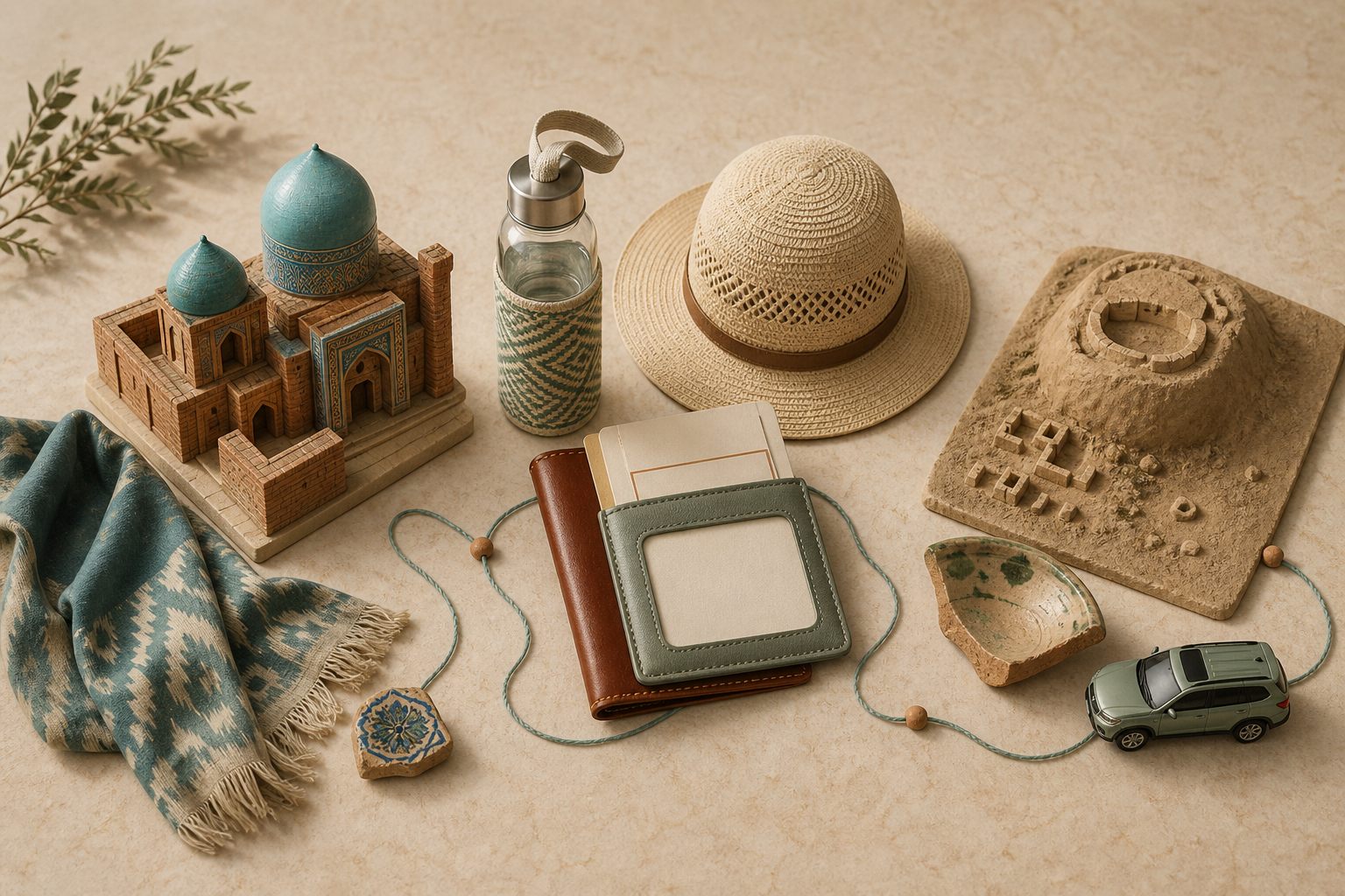 Conceptual travel-planning still life separating a Turkistan mausoleum visit, identity and weather preparation, and a separately arranged Otrar excursion