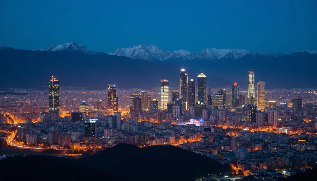 Almaty city lights at night with mountains in background