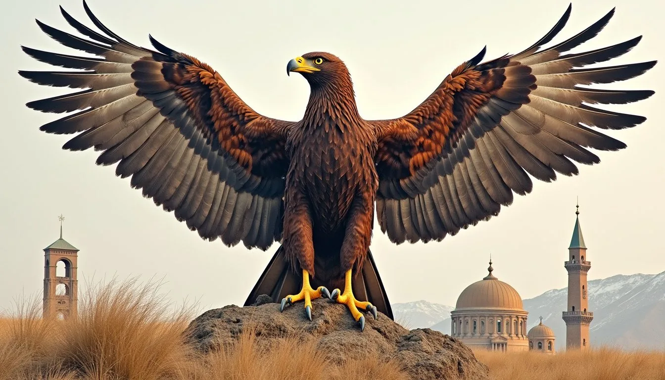 Collage of Kazakhstan landmarks — Bayterek tower, steppe, mountains and traditional yurt