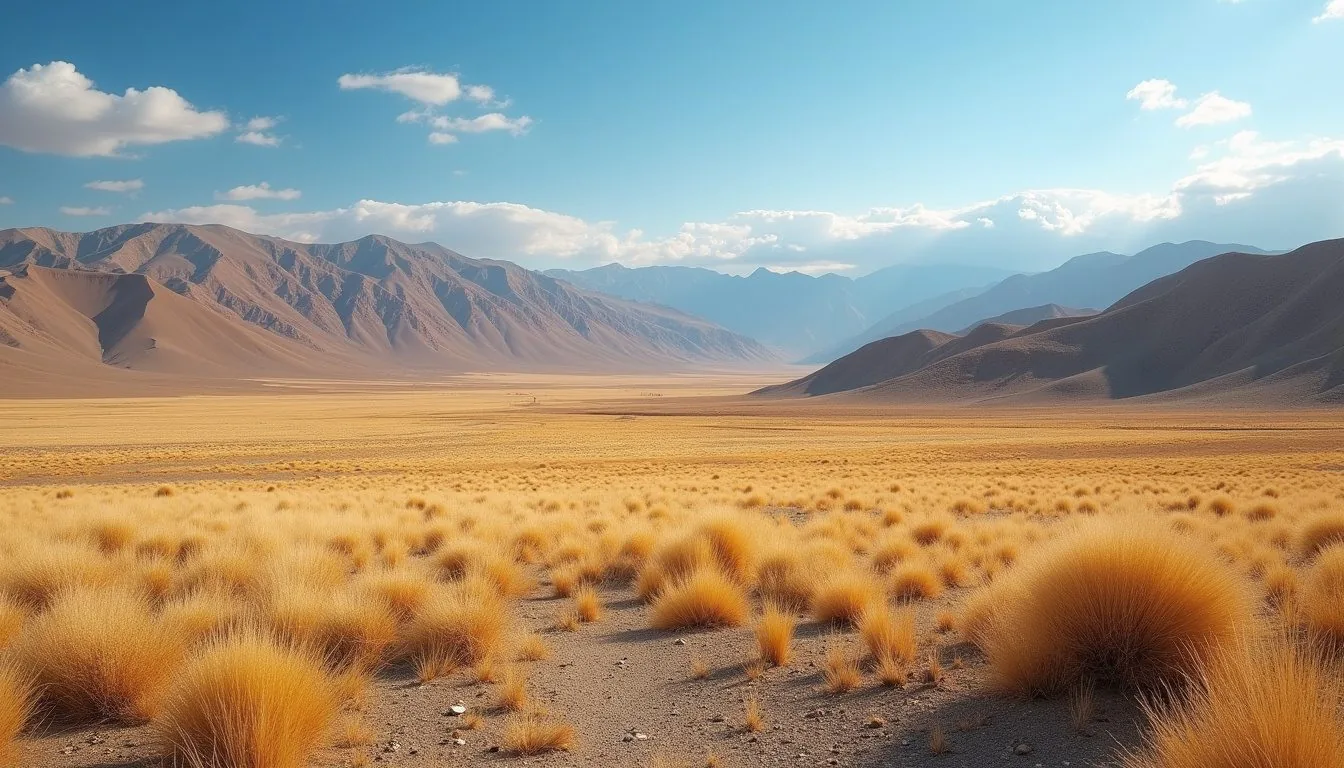 Vast Kazakh steppe under a dramatic sky with mountains in the background
