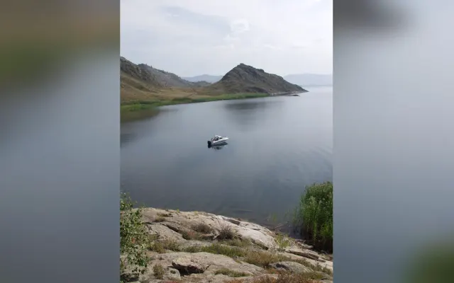 Shoreline and open water of Lake Zaysan in eastern Kazakhstan
