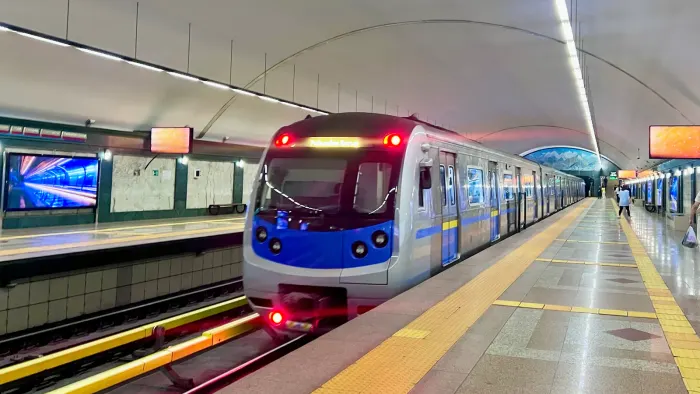 An Almaty Metro train at Alatau station, photographed in July 2026