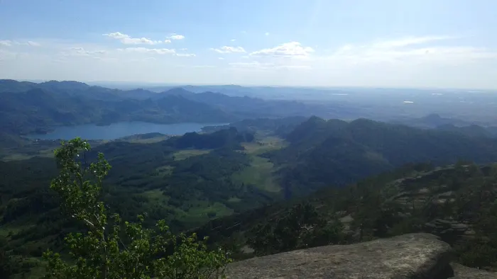 Lake Jasybay and forested hills seen from Akbet in Bayanaul National Park