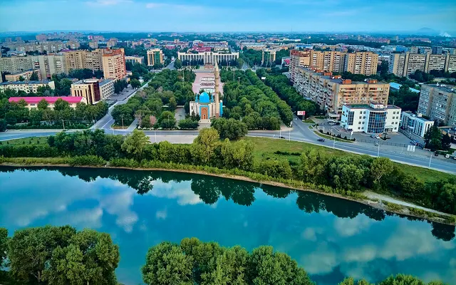 Oskemen city panorama beside the river, photographed in August 2019