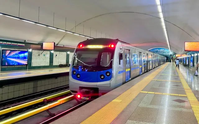 An Almaty Metro train at Alatau station, photographed in July 2026