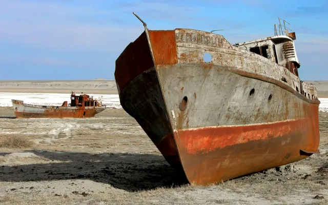 Abandoned ship at the former Aral Sea shore at Zhalanash, photographed in 2006